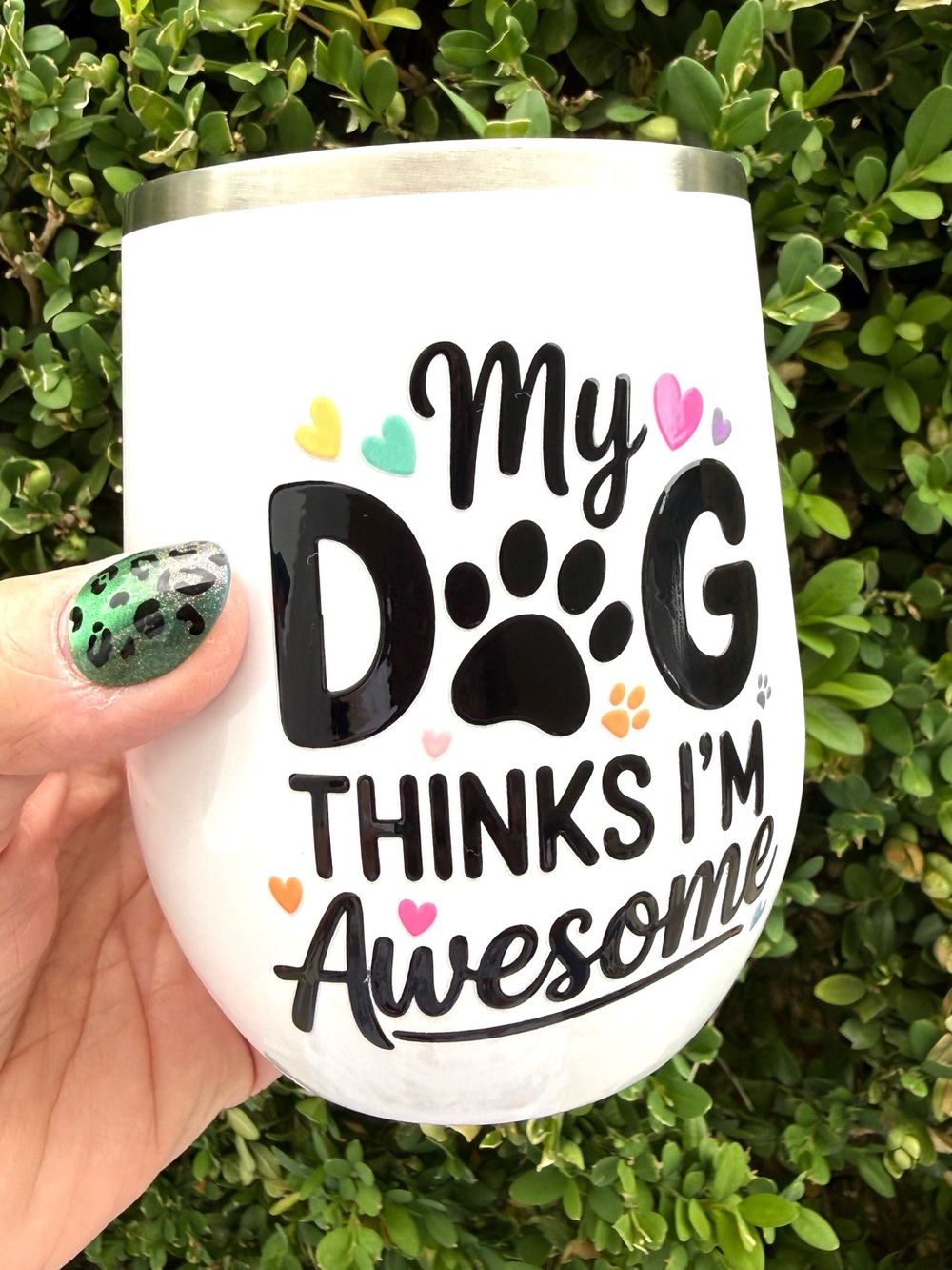 Dog Lovers! Wine tumbler 12 oz colorful dog-themed graphic on white hot or cold